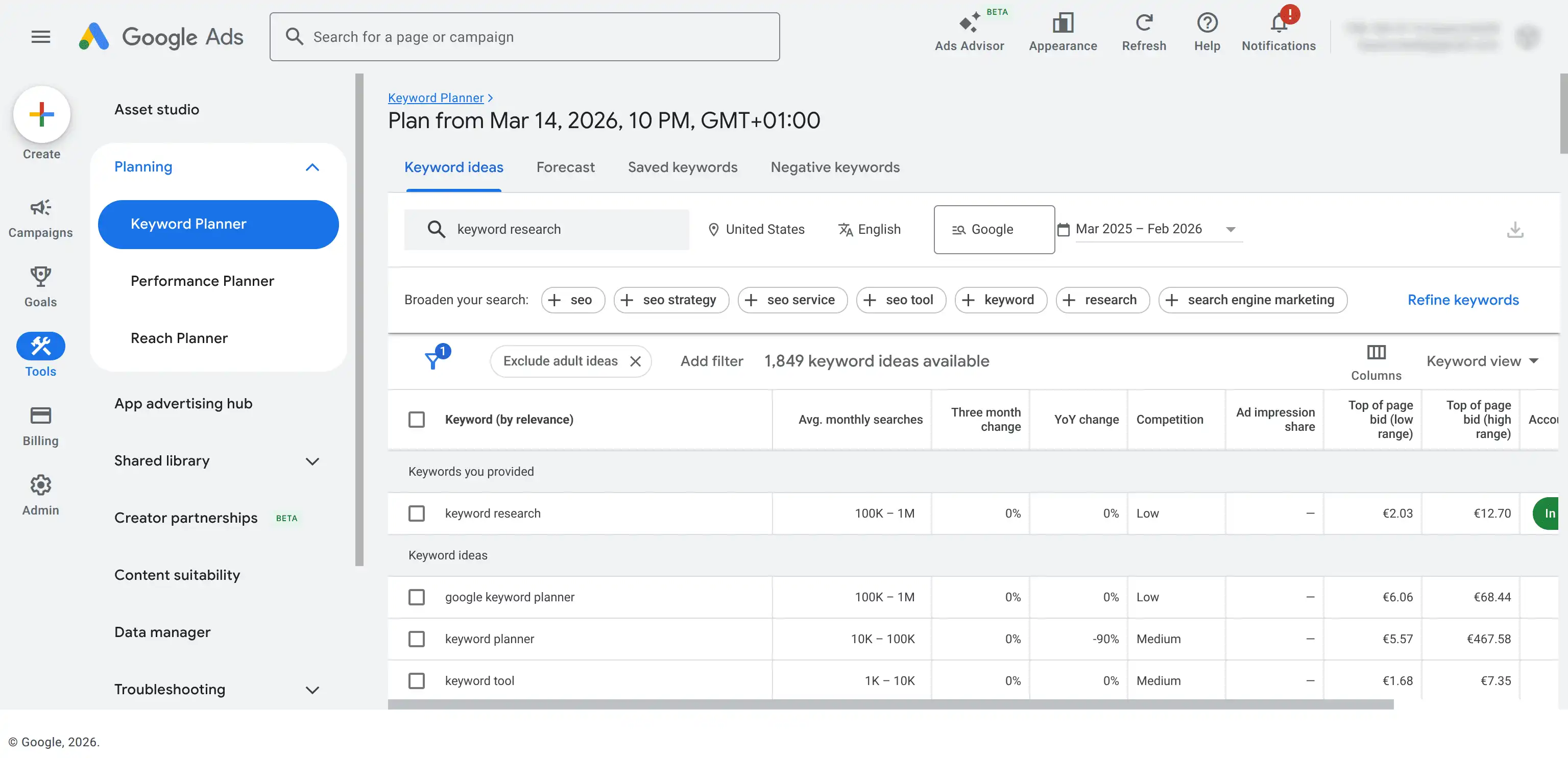 Screenshot of Keyword Planner query